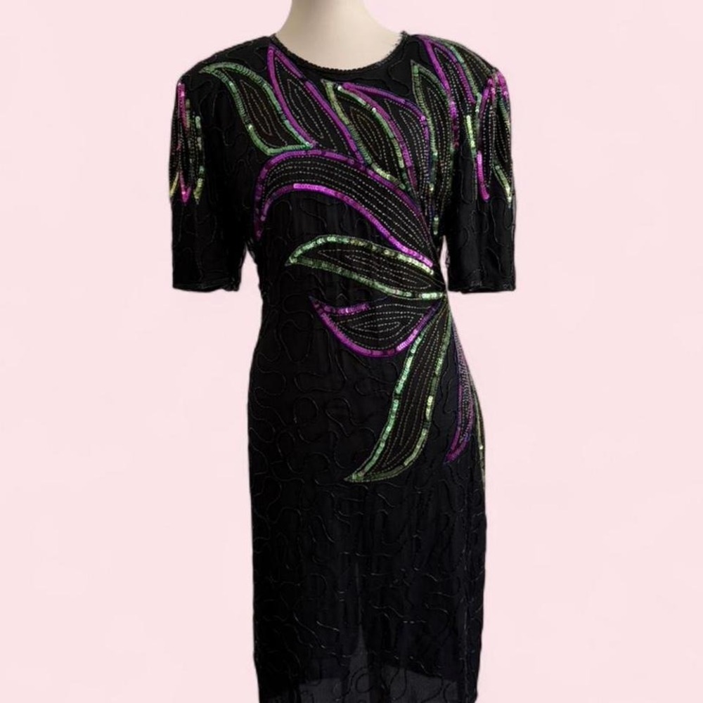 Vintage Silk Black Sequin Beaded Midi Dress w/ Purple & Green — Size XL‎